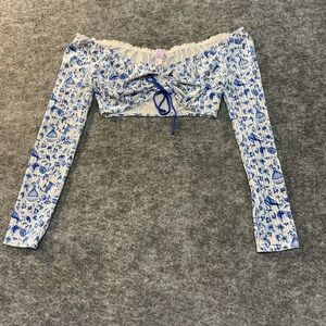 Savage X Fenty Tuile Blue Cropped Milkmaid Longe Sleeve Top WWW